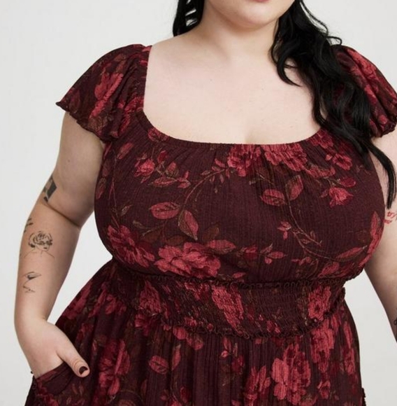 Torrid Floral Burgundy Mini Dress Sz 0X L/XL Maroon Fall Autumn Roses - Picture 2 of 7